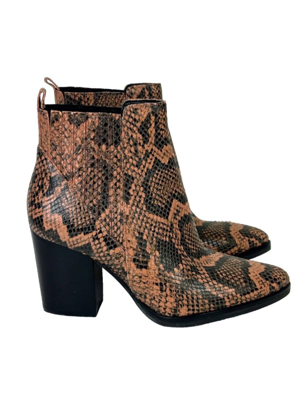 Marc Fisher Alva Ankle Boots Snake Print Python Heeled Booties Brown Black 6.5